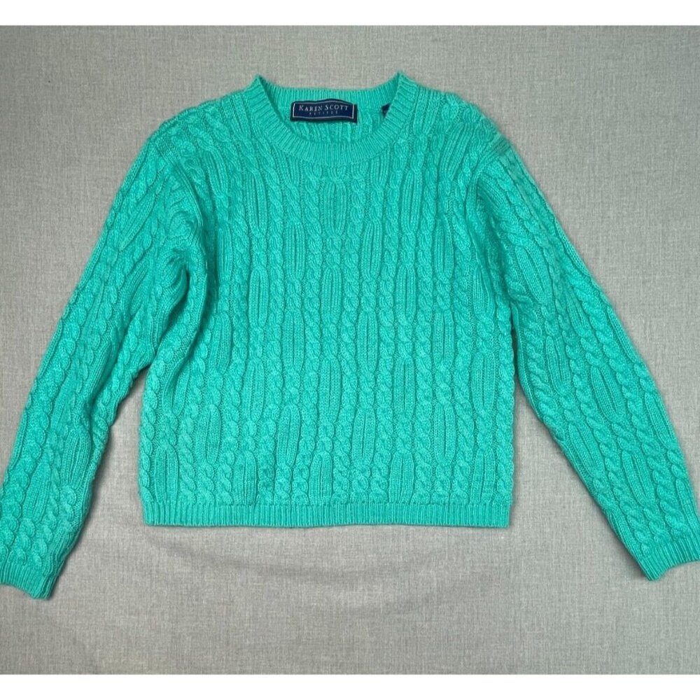 Karen Scott Women's Petites Turquoise Knit Long Sleeve Round Neck Sweater USED
